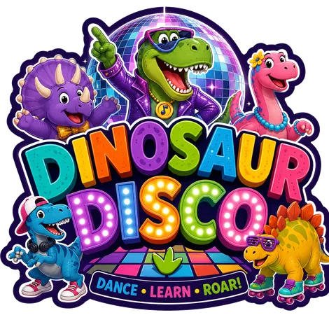 The Dinosaur Disco crew under a disco ball